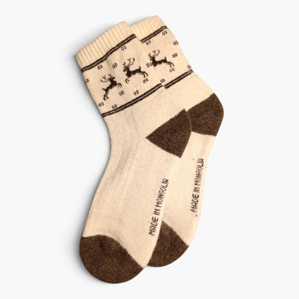 Chaussettes 100 % Laine de Mouton de Mongolie – Beige et Marron, Motif Cerf | Altai Origin - Altai Origin