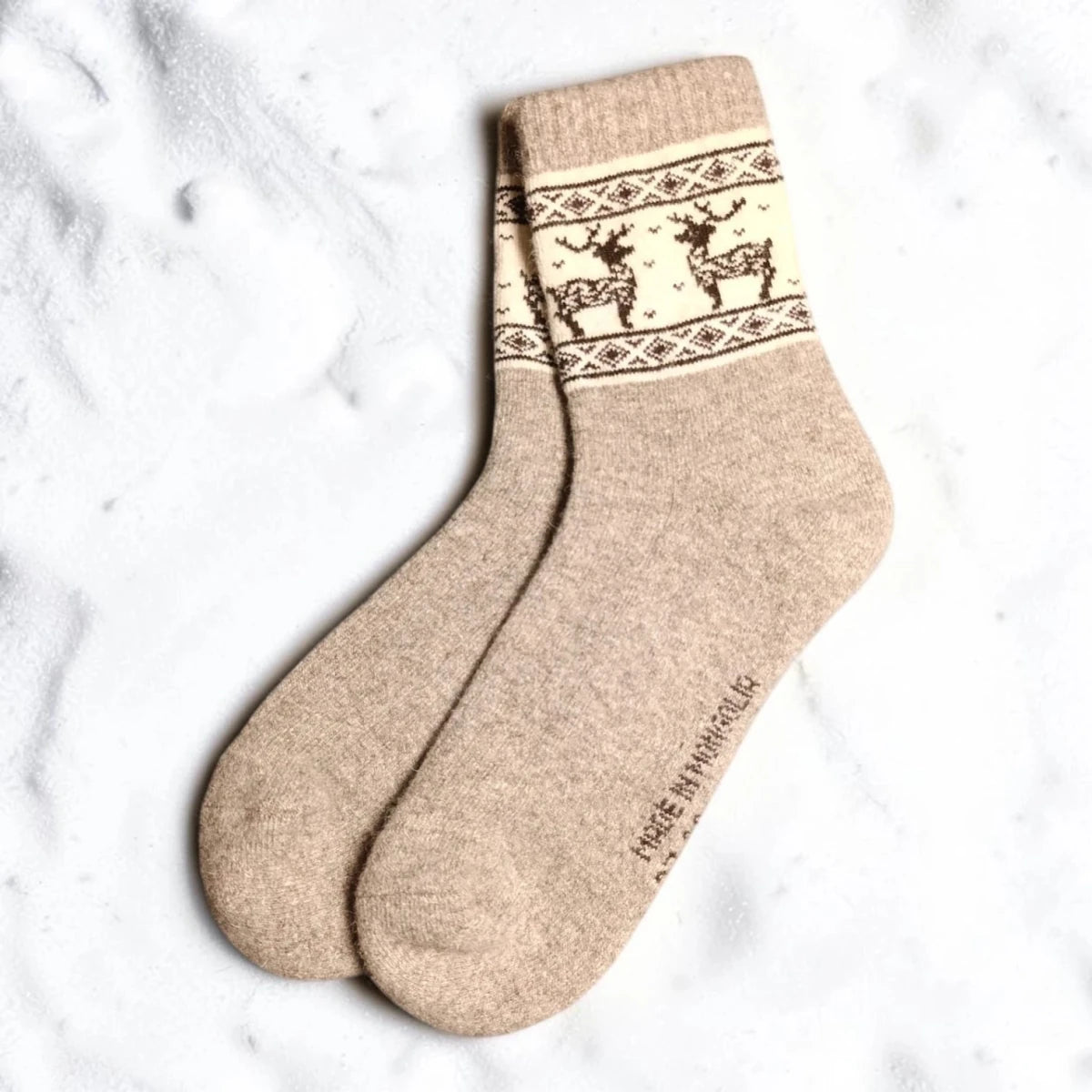 Chaussettes 100 % Laine de Mouton de Mongolie – Beige Taupe, Motif Cerf | Altai Origin - Altai Origin