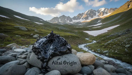 Pure Altai Shilajit resin on a stone in the Altai Mountains landscape with snow-capped peaks and a river.