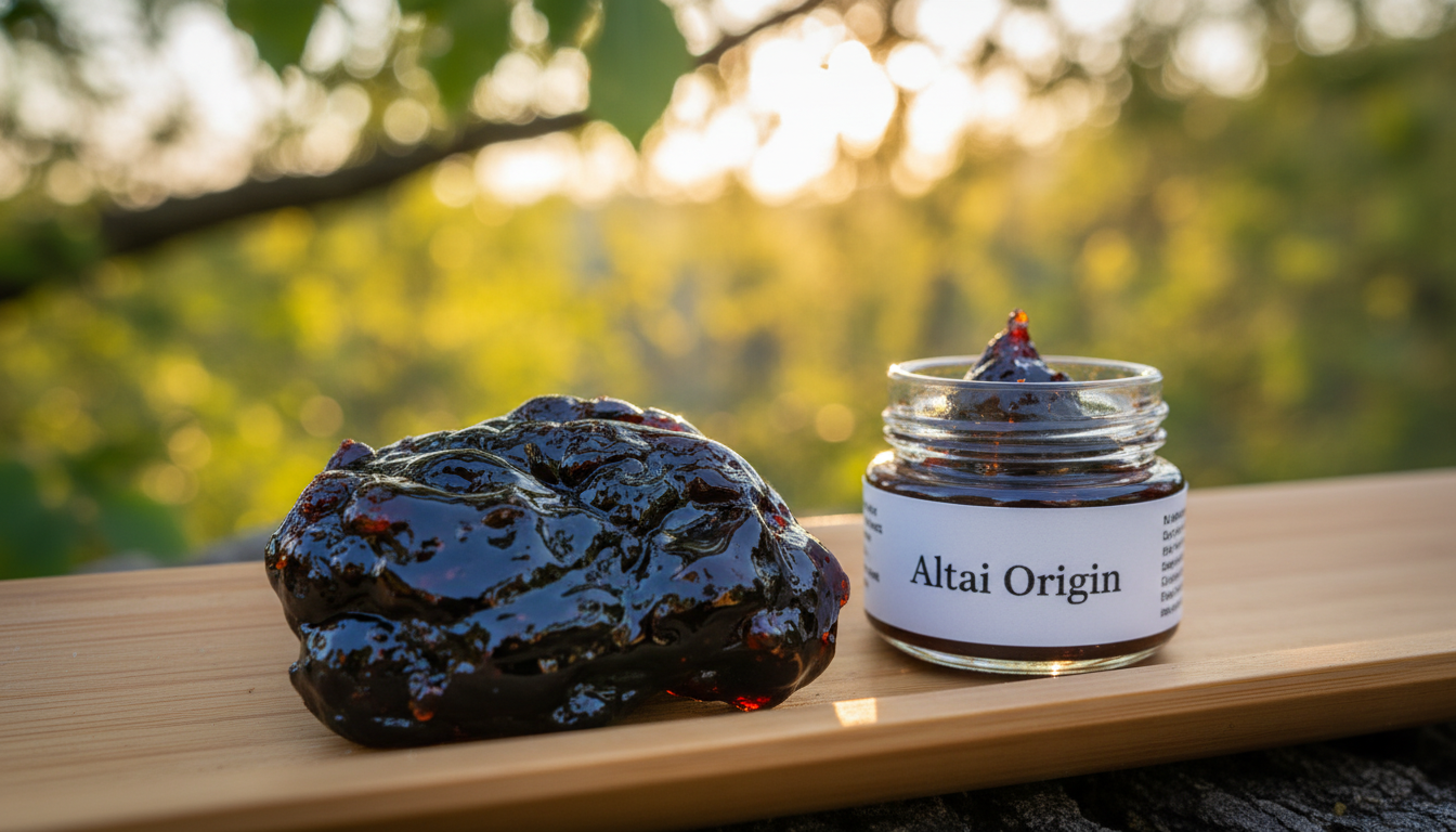 A close-up image of pure Shilajit resin, beautifully displayed on a natural bamboo surface. The resin should have a glossy, rich dark brown texture, with glimmers of amber hues reflecting subtle light. In the background, softly blurred, depict gentle elements of nature such as green leaves and a hint of sunlight filtering through a tree canopy, creating a warm, inviting atmosphere. Include a small, transparent glass jar labeled "Altai Origin," showcasing the resin to emphasize preservation. The lighting sho