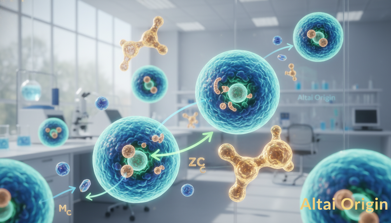 A vivid and intricate illustration of cellular structures, focusing on stylized representations of cells, showcasing their membranes and organelles gleaming in shades of blue and green. In the foreground, feature detailed depictions of natural minerals and dietary elements traveling through the cell membranes, symbolizing the concept of "shuttling" with arrows and glowing paths. The middle ground includes abstract representations of Fulvic Acid molecules interacting with cells, rendered in luminous gold ton