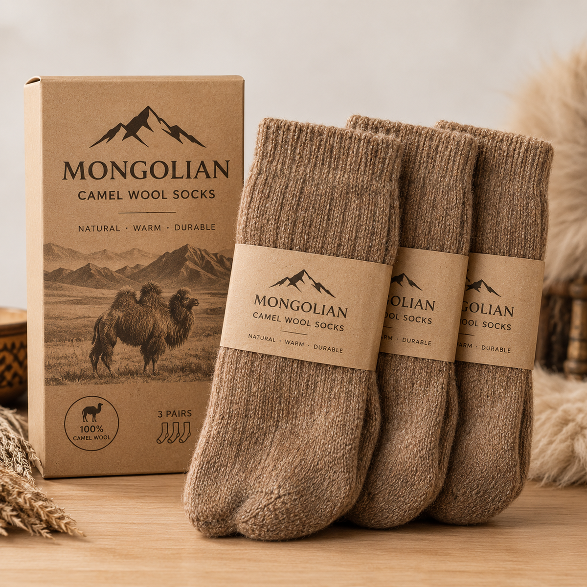 Lot de 3 paires de chaussettes en laine de chameau naturelle Altai Origin