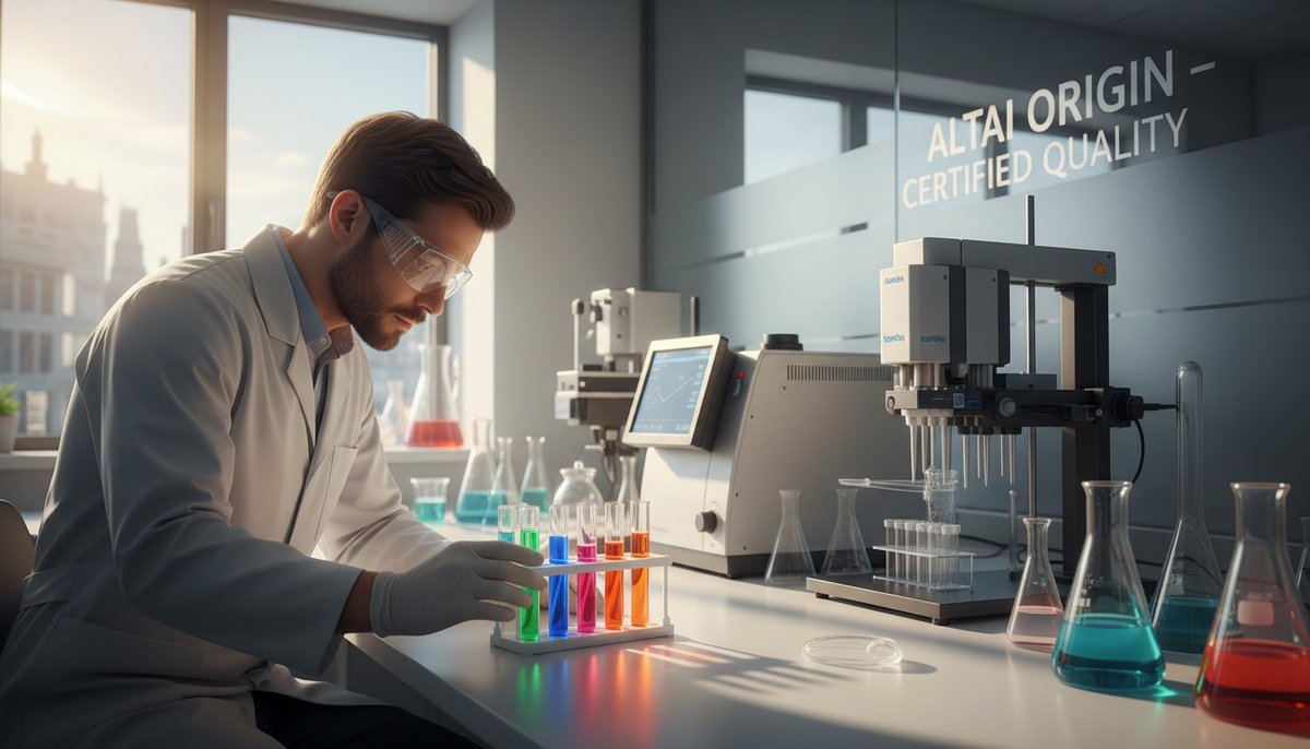 A modern laboratory scene centered around the Eurofins analysis process. In the foreground, a professional scientist in a white lab coat, wearing protective goggles and gloves, carefully examines a series of test tubes filled with colorful liquids. The middle ground showcases advanced lab equipment, such as a spectrophotometer and high-tech glassware, reflecting the precision of quality control. In the background, large windows allow natural light to stream in, illuminating the clean and organized workspace
