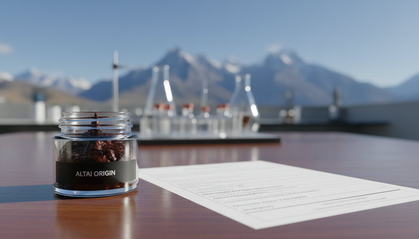 An elegant composition showcasing “qualité” in the form of high-quality shilajit products from the Altai Origin brand. In the foreground, a sleek glass jar filled with dark, resin-like shilajit sits on a polished wooden surface, reflecting soft, natural light. Nearby, a lab report highlights the product's purity and lab-tested quality, positioned to illustrate attention to detail and standards in health trends. The middle ground features a blurred out laboratory backdrop, hinting at scientific scrutiny