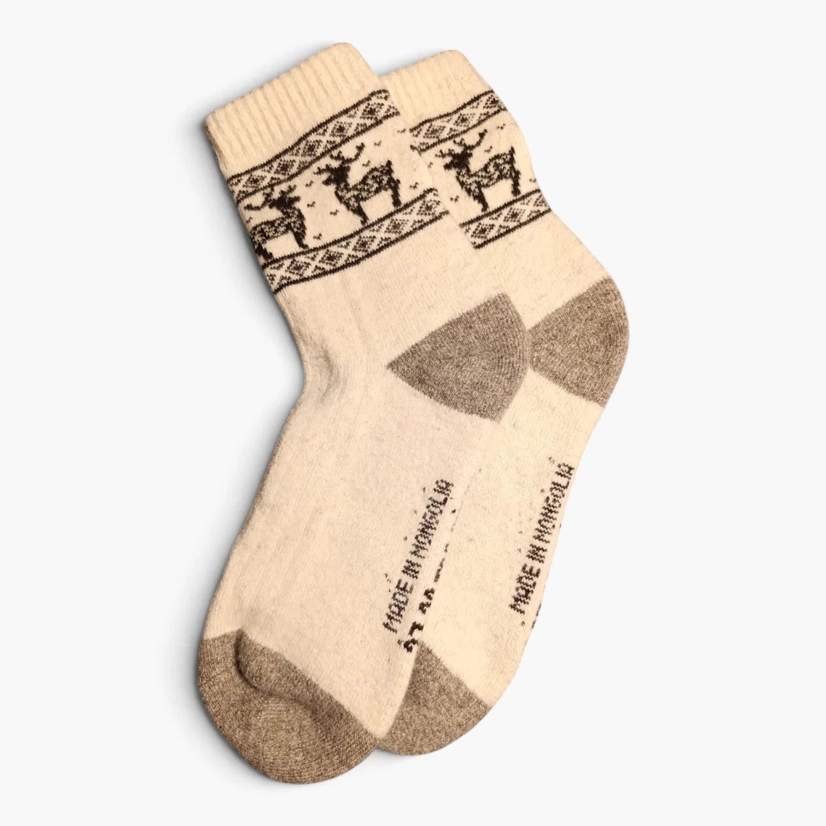 Chaussettes 100 % Laine de Mouton de Mongolie – Beige et Taupe, Motif Cerf | Altai Origin - Altai Origin