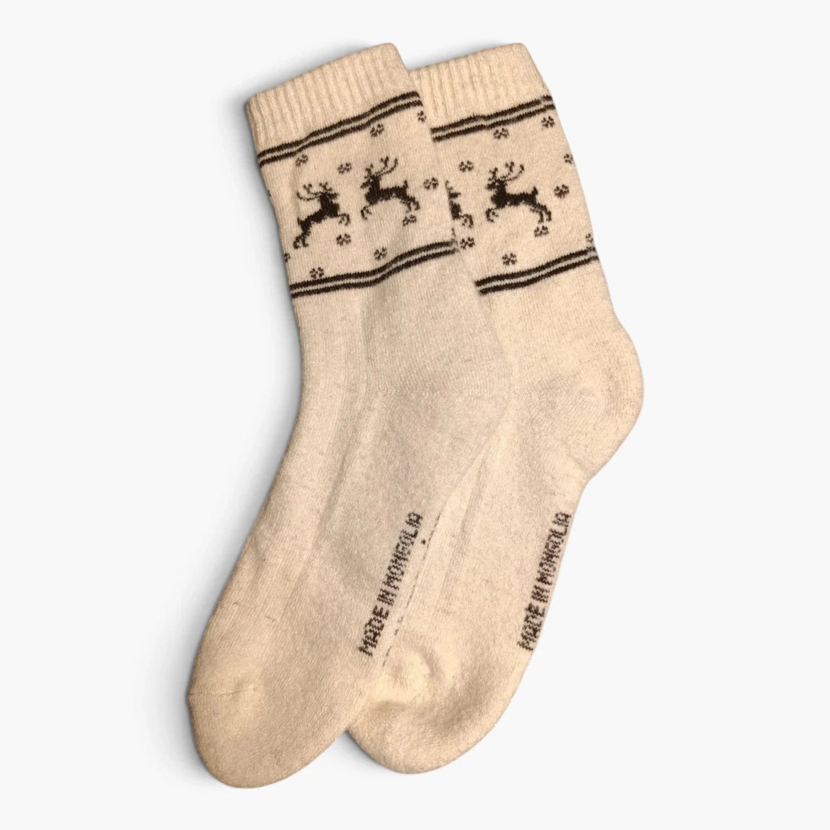 Chaussettes 100 % Laine de Mouton de Mongolie – Beige, Motif Renne | Altai Origin - Altai Origin