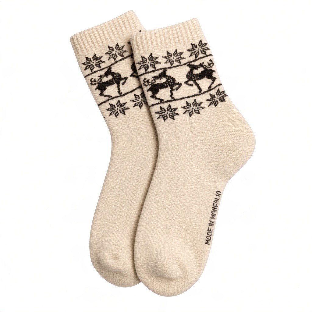 Chaussettes 100 % Laine de Mouton de Mongolie – Écru, Motif Rennes et Flocons | Altai Origin - Altai Origin