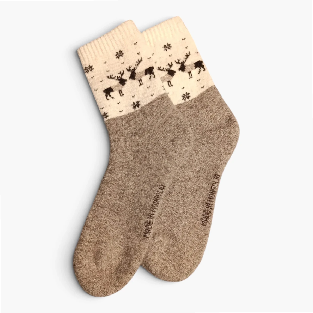 Chaussettes 100 % Laine de Mouton de Mongolie – Marron et Beige, Motif Renne | Altai Origin - Altai Origin