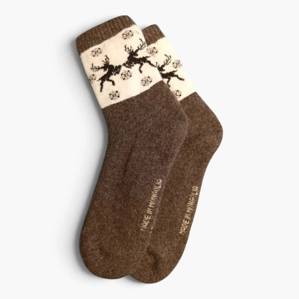 Chaussettes 100 % Laine de Mouton de Mongolie – Marron, Motif Rennes et Flocons | Altai Origin - Altai Origin