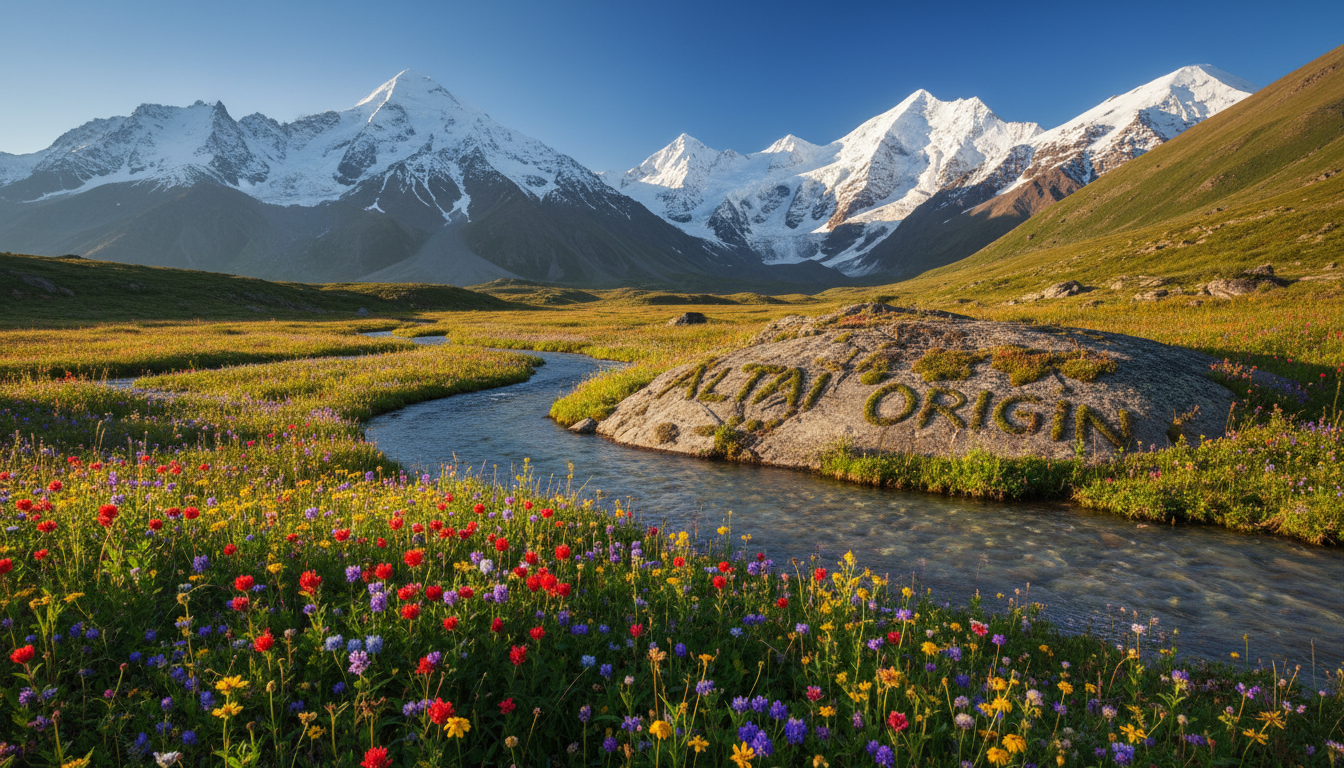 A breathtaking view of the pristine Altaï Mountains, showcasing their majestic snow-capped peaks under a clear blue sky. In the foreground, vibrant wildflowers bloom in rich colors, adding life to the serene landscape. A crystal-clear stream meanders through the middle ground, reflecting the sunlight and enhancing the feeling of purity and freshness. The atmosphere is tranquil, evoking a sense of unspoiled nature. Capture the scene using a wide-angle lens, focusing on the contrast between the rugged mounta